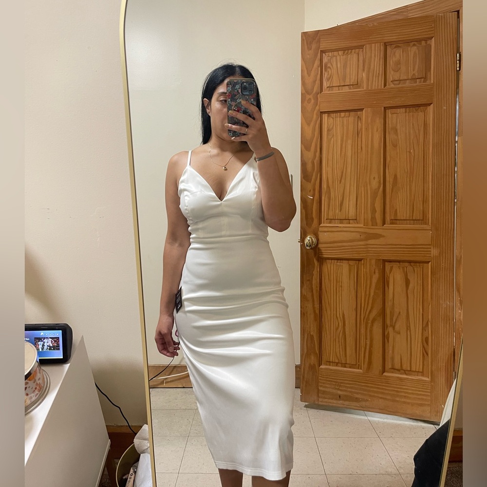 Lulus White Embroidered Lace Satin Midi Dress